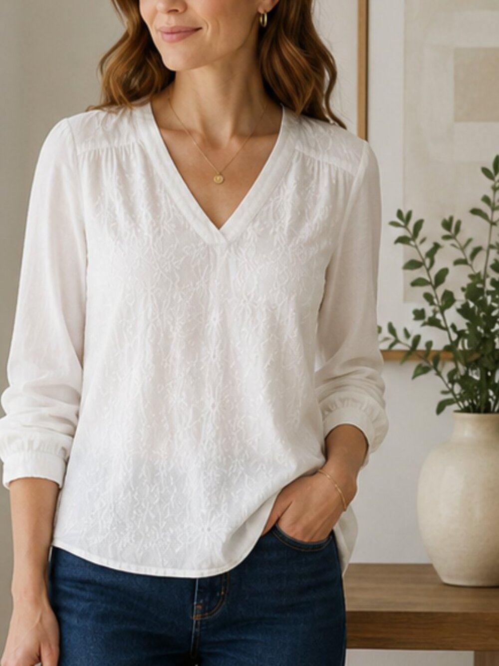 H&M L.O.G.G. White Embroidered V-Neck Blouse Size 14 Boho Viscose Top